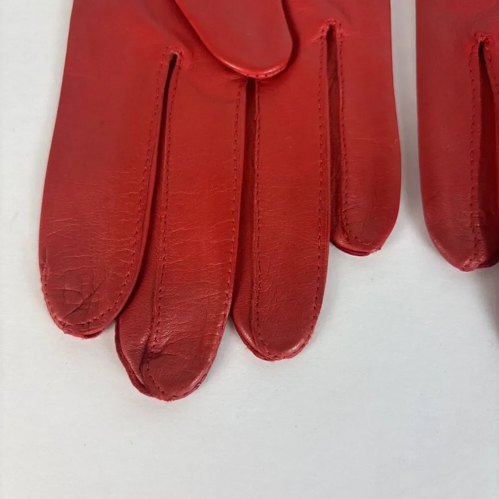 VTG Aris Women's Gloves Red Leather 100% Silk Lined Size 7 1/2 Wrist Length